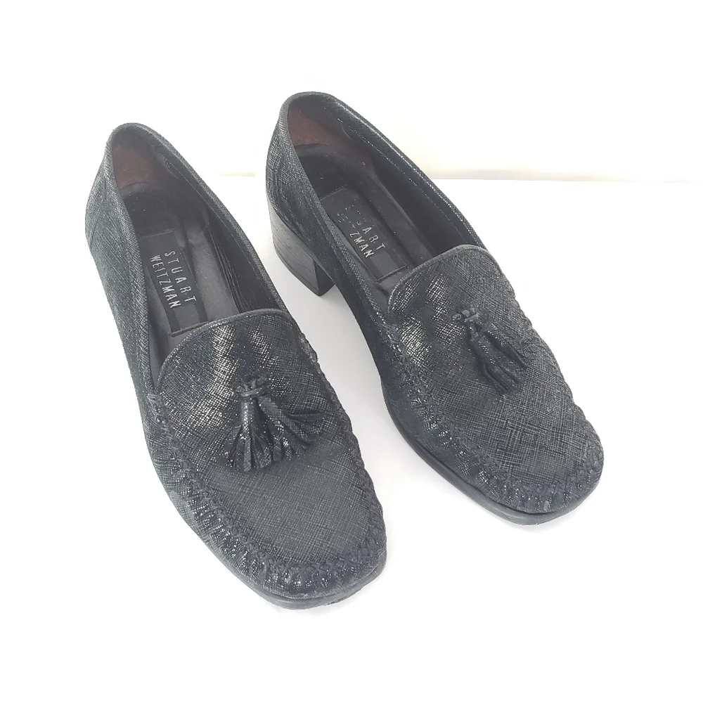Stuart Weitzman black suede and leather chunky heel loafer metallic sheen 7.5